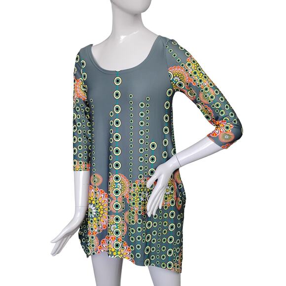 White Mark Rella Tunic Top Size Small Gray, Green and Orange 3/4 Sleeve Pockets - Picture 2 of 8